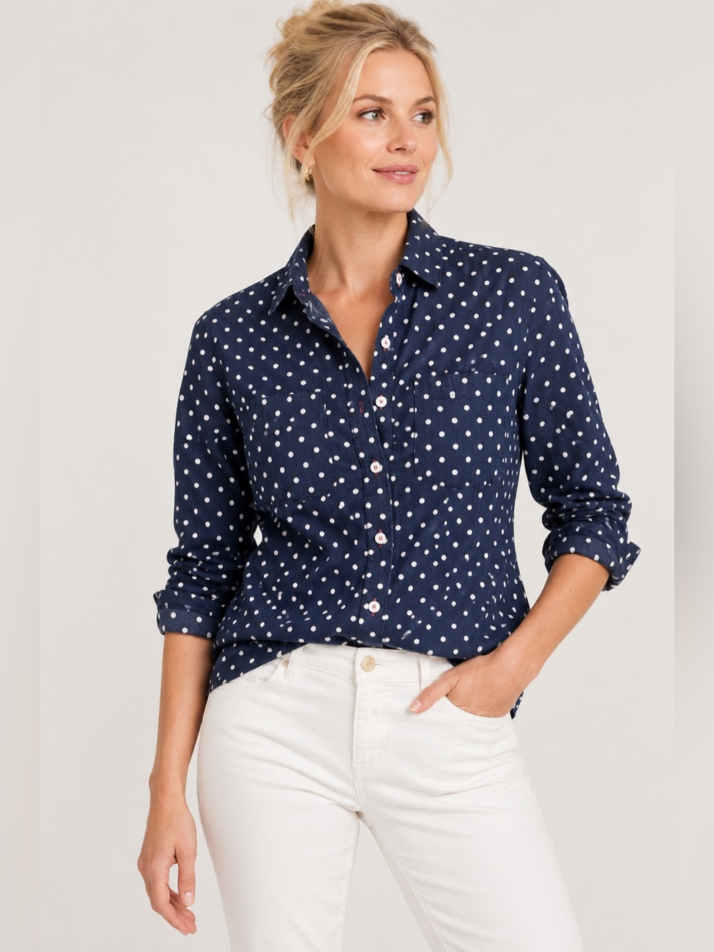 Talbots Navy Blue Polka Dot Chambray Button Down Shirt M